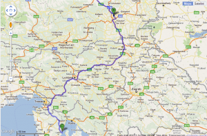 Možná trasa příjezdu přes Graz - Maribor - Ljubljana - směr Kopor a Brestova - na Cres